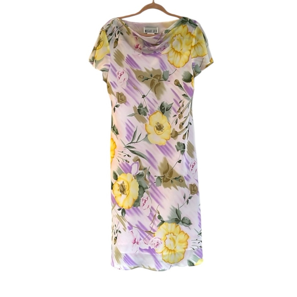 VINTAGE MEGAN LEE DRAPE NECK FLORAL DRESS PURPLE LILAC YELLOW GREEN PLUS SZ 16P